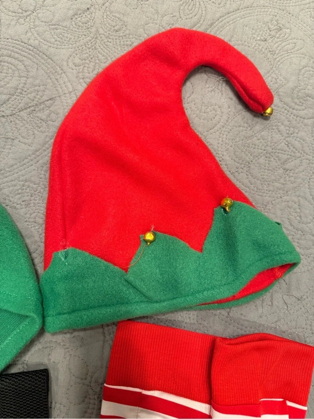 Girls' Green & Red Elf Costume with Striped Tights and Hat